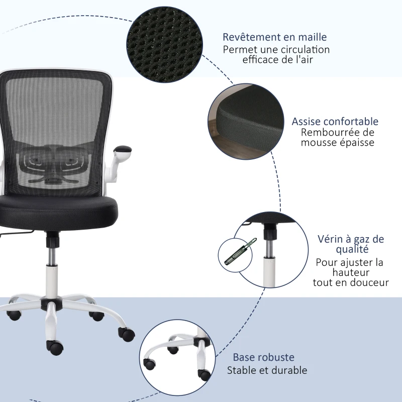 Vinsetto Chaise de Bureau Ergonomique Hauteur réglable pivotante 360° accoudoirs relevables Tissu Maille Bicolore Noir Blanc