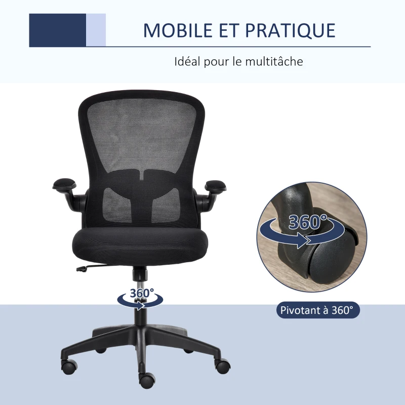 Vinsetto Chaise de Bureau Ergonomique Hauteur réglable pivotante 360° Fonction à Bascule verrouillable Support lombaires Tissu Maille Noir