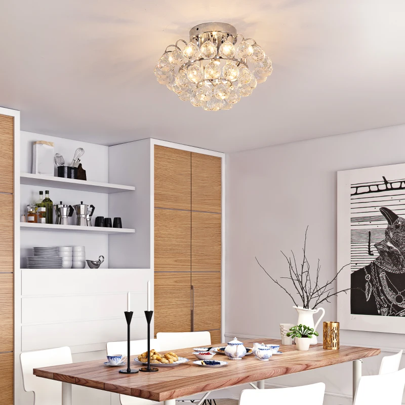 HOMCOM Modern Crystal Chandelier Flush Mount Ceiling Light Fitting Crystal Droplets Effect Round, D30cm-Silver