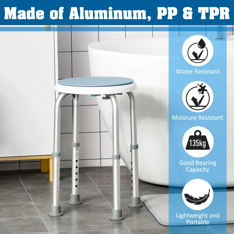 HOMCOM 360° Swivel Shower Chair, Height Adjustable Aluminium Shower Stool with Non-Slip Feet for Disabled, Elderly, Blue