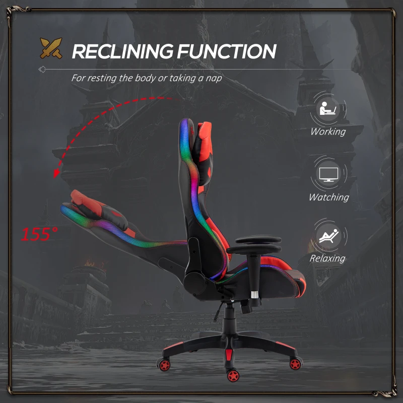 Vinsetto Reclining Gaming Chair with LED Lights, Ergonomic, Lumbar Support, Adjustable Armrest