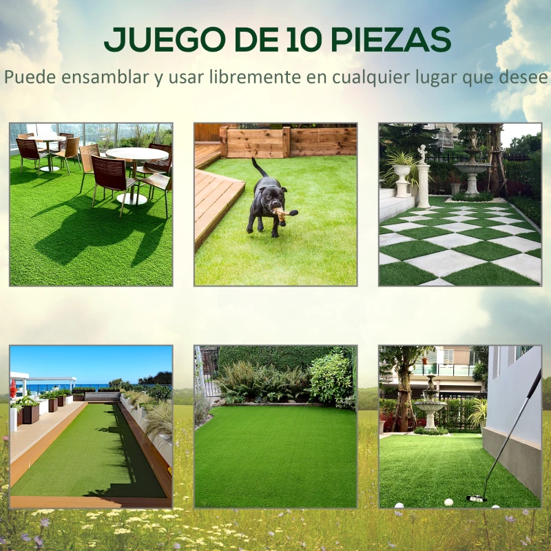 Outsunny 10 Baldosas de Césped Artificial 30x30 cm con Altura de Hierba 25mm Hierba Sintética de Exterior Verde