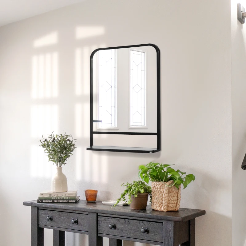 HOMCOM Espelho Decorativo de Parede 70x50cm Espelho Retangular de Metal com Prateleira de Armazenamento Estilo Moderno Preto