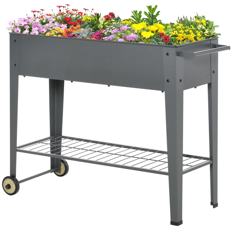 Outsunny Huerto Urbano Jardinera Elevada de Metal Cama de Jardín con Ruedas Asa Lateral y Estante Inferior para Cultivo Plantas Hortalizas Flores 104x39x80 cm Gris