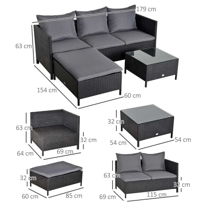 Outsunny Conjunto de Muebles de Jardín 4 Piezas Ratán Doble Sofá Mesa de Café Taburete con Cojines Acolchados para Exteriores Marco de Metal Negro