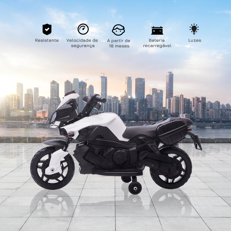 HOMCOM Moto Elétrica 6V com Faróis Buzina 2 Rodas de Equilibrio Velocidade Máx. de 3km/h 88,5x42,5x49cm Branco