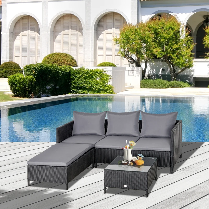 Outsunny Conjunto de Muebles de Jardín 4 Piezas Ratán Doble Sofá Mesa de Café Taburete con Cojines Acolchados para Exteriores Marco de Metal Negro