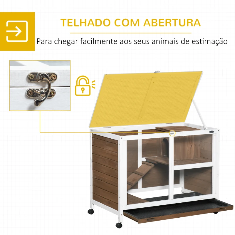 PawHut Coelheira de Madeira com Rodas 91,5x53,5x73cm Gaiola para Coelhos de 2 Níveis com Bandeja Amovível e Rampa Marrom