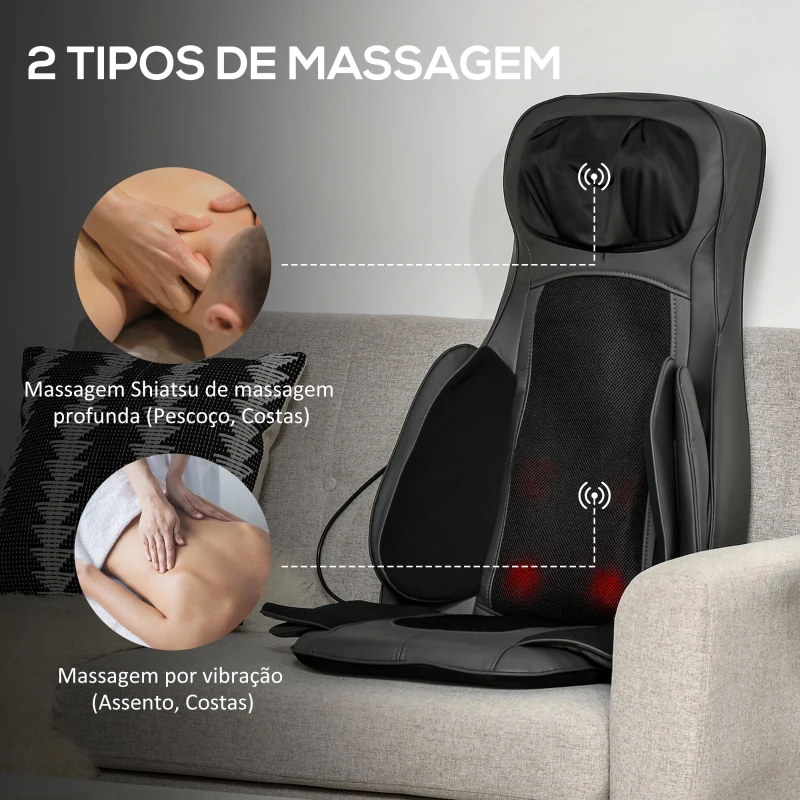 HOMCOM Massageador de Assento com Aquecimento Tapete com Massagem Shiatsu com Controlo Remoto 16 Motores de Vibração 52x39x78cm Preto