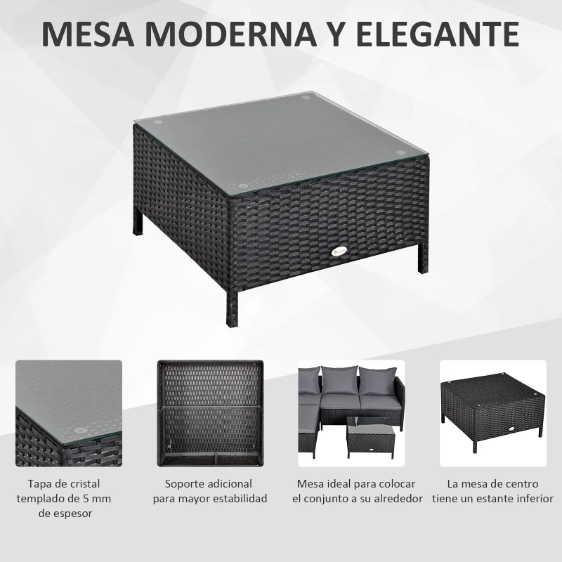 Outsunny Conjunto de Muebles de Jardín 4 Piezas Ratán Doble Sofá Mesa de Café Taburete con Cojines Acolchados para Exteriores Marco de Metal Negro