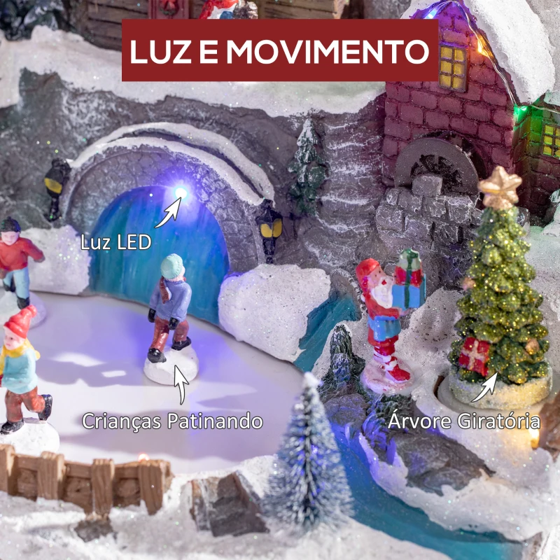 HOMCOM Aldeia de Natal Cena Decorativa de Natal Iluminada com Luzes LED Árvore Giratória e Pista de Patinagem 32x25,5x24cm Multicor