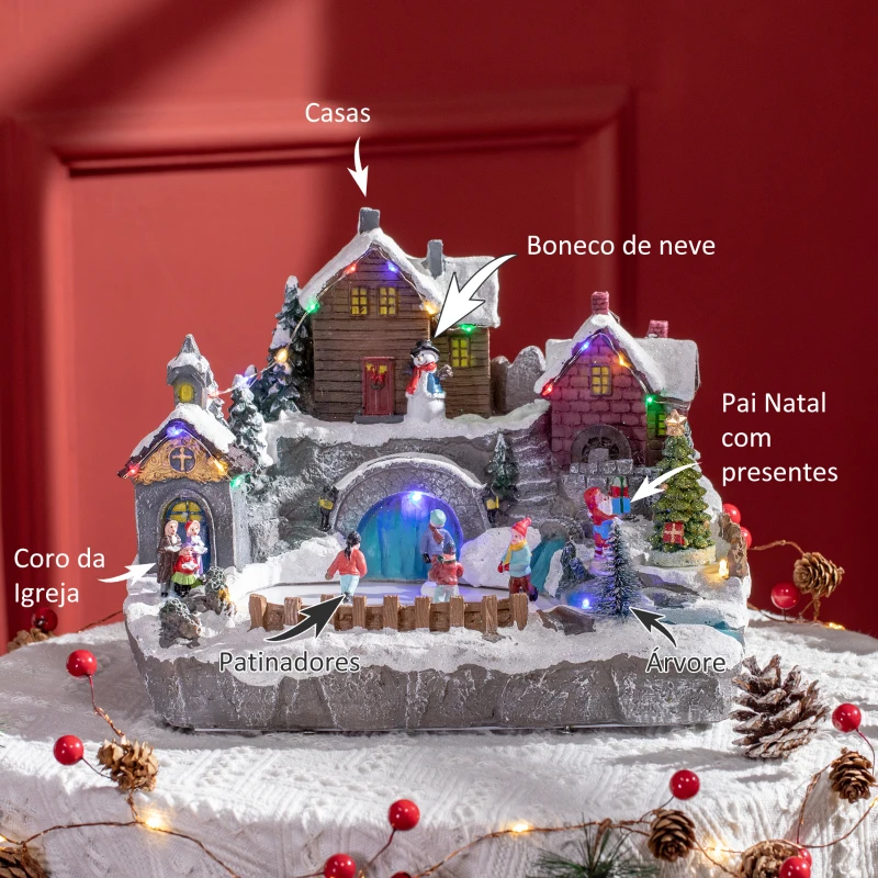 HOMCOM Aldeia de Natal Cena Decorativa de Natal Iluminada com Luzes LED Árvore Giratória e Pista de Patinagem 32x25,5x24cm Multicor