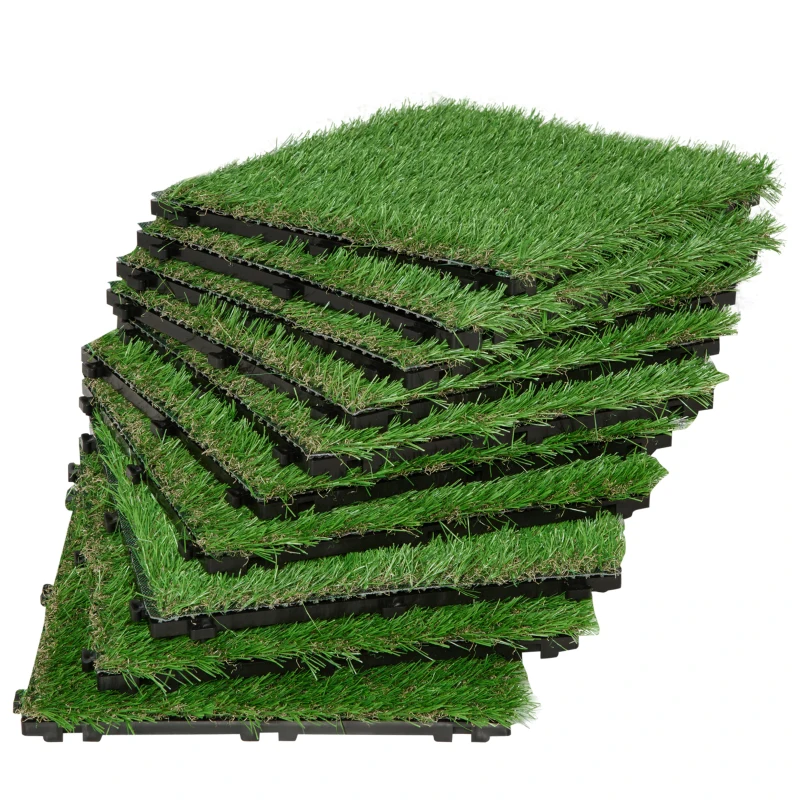 Outsunny 10 Baldosas de Césped Artificial 30x30 cm con Altura de Hierba 25mm Hierba Sintética de Exterior Verde