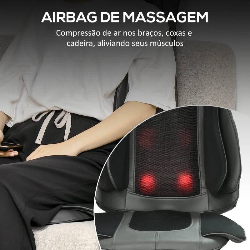 HOMCOM Massageador de Assento com Aquecimento Tapete com Massagem Shiatsu com Controlo Remoto 16 Motores de Vibração 52x39x78cm Preto
