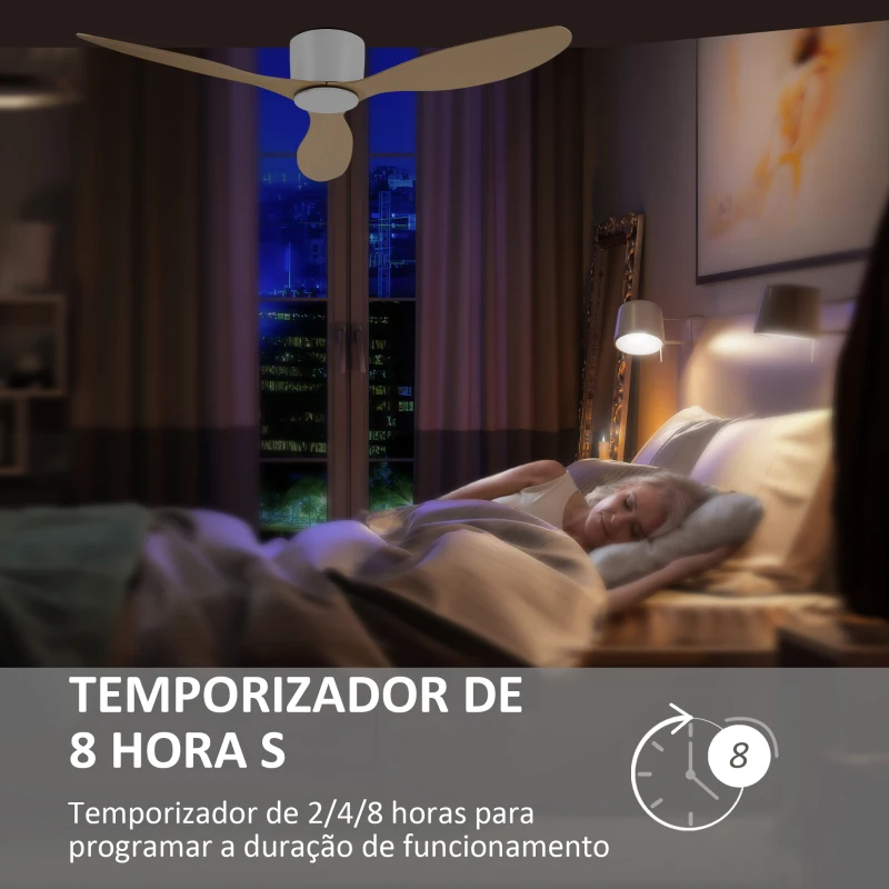 HOMCOM Ventilador de Techo sin Luz Motor DC Ø132x18 cm con Mando a Distancia 3 Aspas Reversibles 6 Velocidades y Temporizador Silencioso para Dormitorio Salón Comedor Blanco y Natural