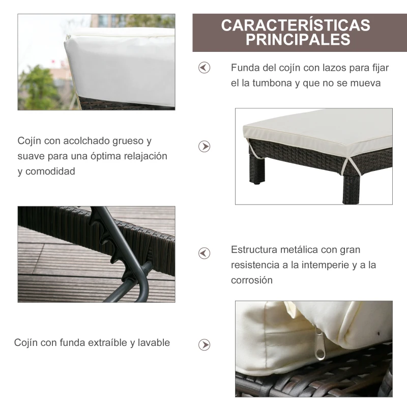 Outsunny Conjunto de 2 Tumbonas de Jardín Tumbonas de Ratán PE Reclinable en 5 Posiciones para Terraza Patio 196x65x22 cm Marrón