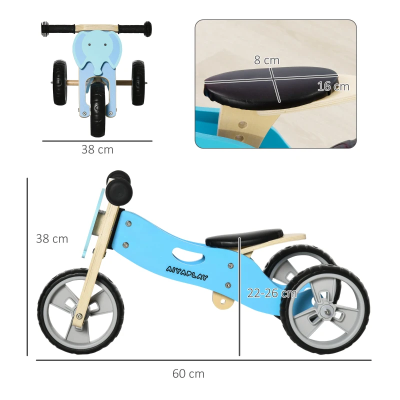 AIYAPLAY Bicicleta sem Pedais de Madeira 2 em 1 Triciclo Infantil com Assento Ajustável de 22-26cm 60x38x38cm Azul