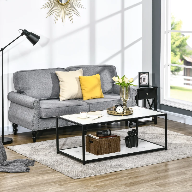 HOMCOM Mesa de Centro com Bancada de Imitação a Mármore e Estrutura de Aço 120x60x46cm Branco e Preto