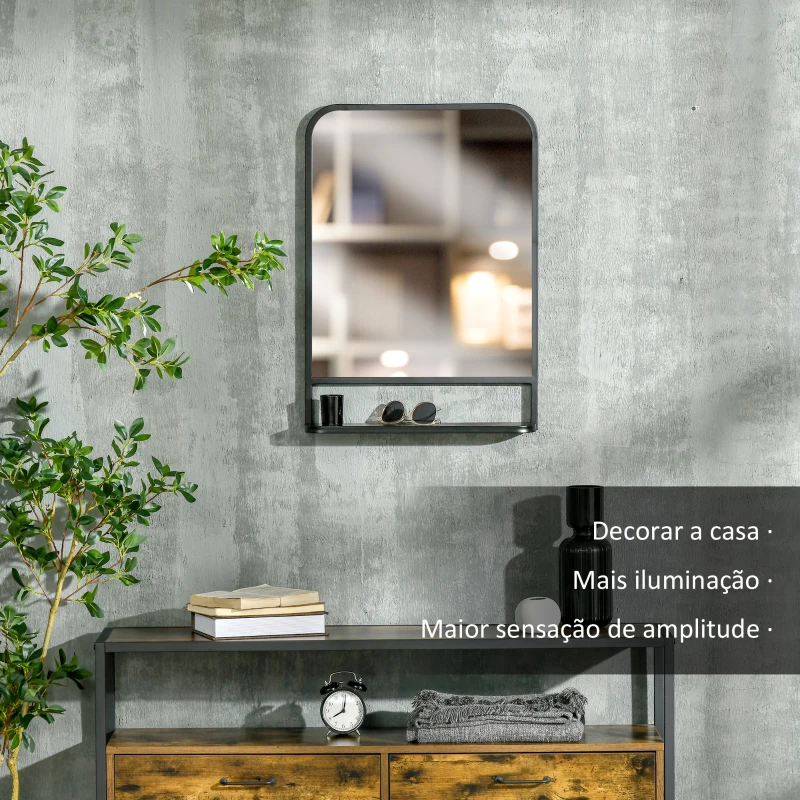 HOMCOM Espelho Decorativo de Parede 70x50cm Espelho Retangular de Metal com Prateleira de Armazenamento Estilo Moderno Preto