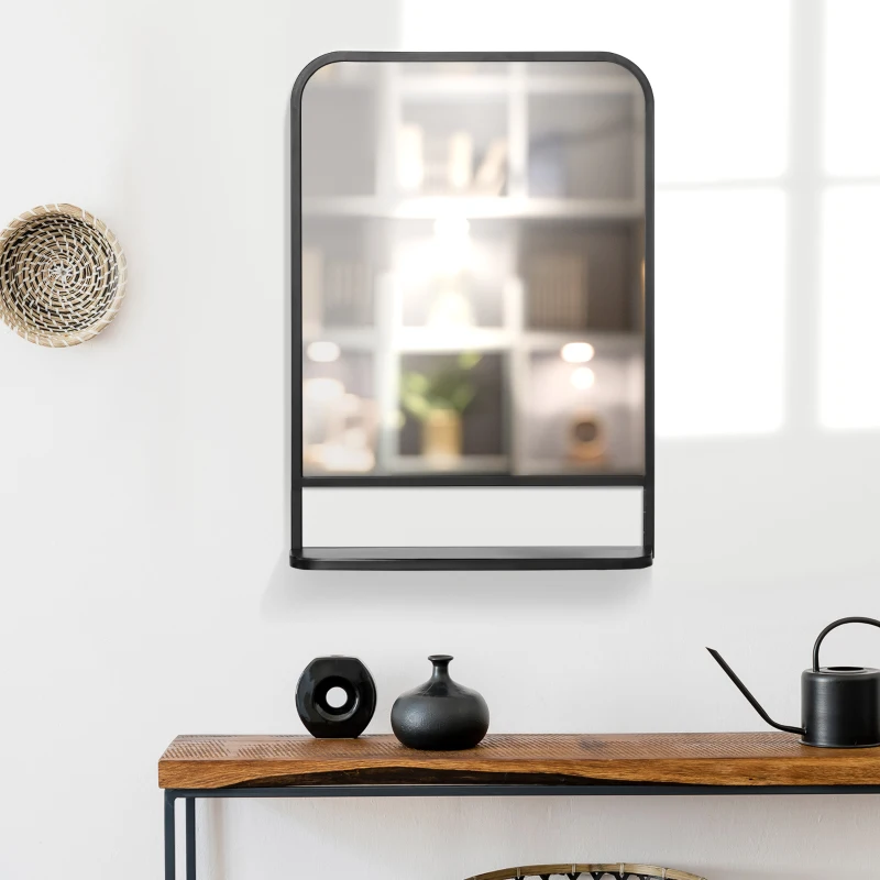 HOMCOM Espelho Decorativo de Parede 70x50cm Espelho Retangular de Metal com Prateleira de Armazenamento Estilo Moderno Preto