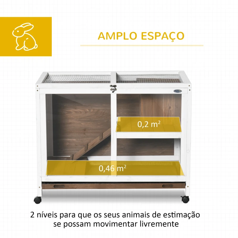 PawHut Coelheira de Madeira com Rodas 91,5x53,5x73cm Gaiola para Coelhos de 2 Níveis com Bandeja Amovível e Rampa Marrom