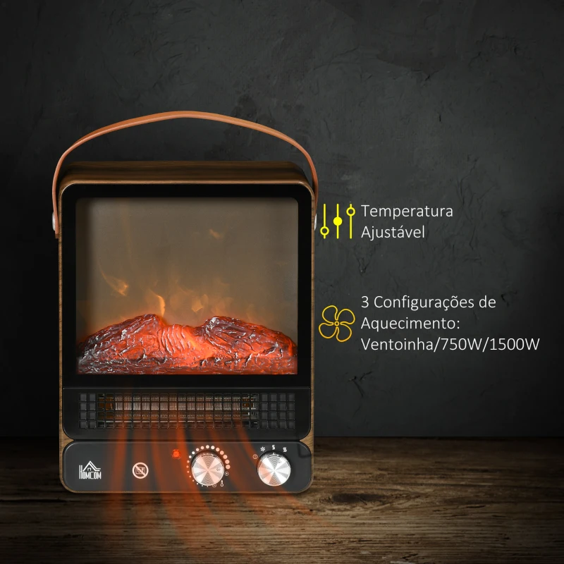HOMCOM Lareira Elétrica 750W/1500W com Efeito de Chama Realista e Proteção contra Superaquecimento 30,3x17,5x37,4cm Nogueira