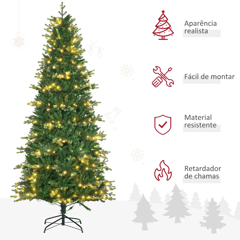 HOMCOM Árvore de Natal Artificial Altura 228cm Ignífugo com 2310 Ramos 400 Luces LED Folhas de PVC Ø96x228 cm Verde