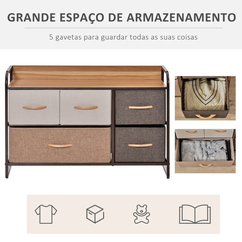 HOMCOM Cómoda com 5 Gavetas de Tecido Amovíveis e Dobráveis Base Elevada Armário de Armazenamento 87,5x29x58cm Multicor