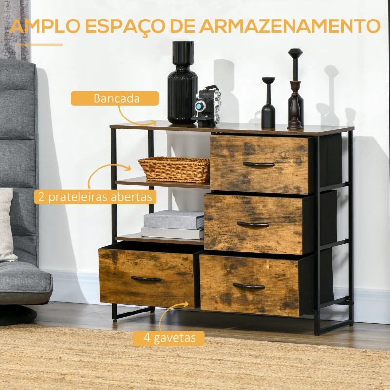 HOMCOM Cómoda com 4 Gavetas de Tecido Dobrável e 2 Prateleiras Abertas Estilo Industrial 84x30x71,4cm Marrom Rústico