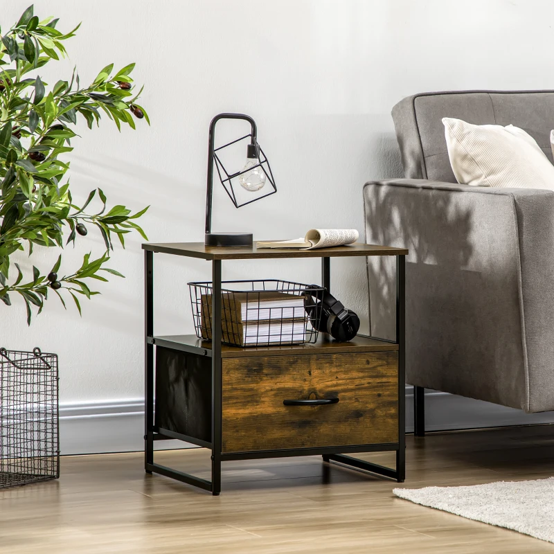 HOMCOM Mesa de Cabeceira com 1 Gaveta de Tecido Dobrável e Prateleira Aberta Mesa Auxiliar 45x40x50,5cm Marrom Rústico