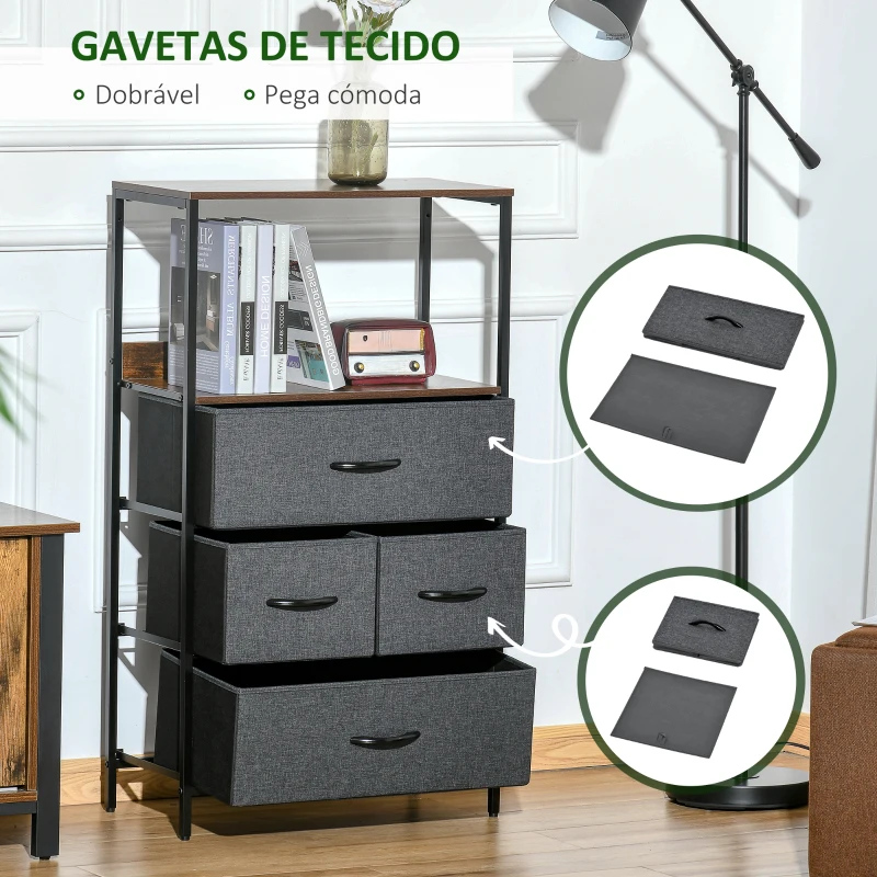 HOMCOM Cómoda com 4 Gavetas Dobráveis e Prateleira Aberta Cómoda com Gavetas de Tecido Anti-Tombo 58x29x103cm Marrom e Cinza