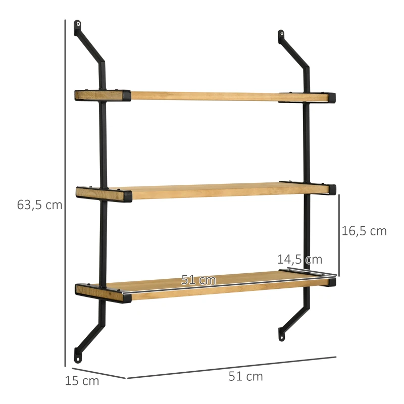 HOMCOM Estante de Parede de 3 Níveis Estante Flutuante de Madeira para Sala de Estar Dormitório Cozinha Sala de Jantar 51x15x63,5cm Madeira