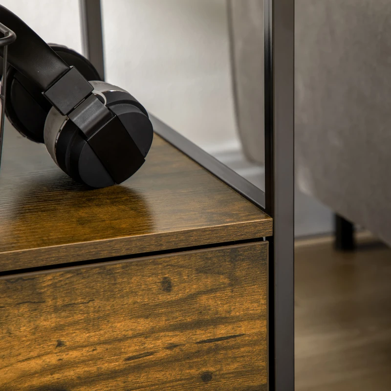 HOMCOM Mesa de Cabeceira com 1 Gaveta de Tecido Dobrável e Prateleira Aberta Mesa Auxiliar 45x40x50,5cm Marrom Rústico