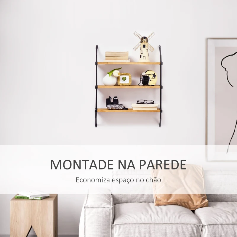 HOMCOM Estante de Parede de 3 Níveis Estante Flutuante de Madeira para Sala de Estar Dormitório Cozinha Sala de Jantar 51x15x63,5cm Madeira