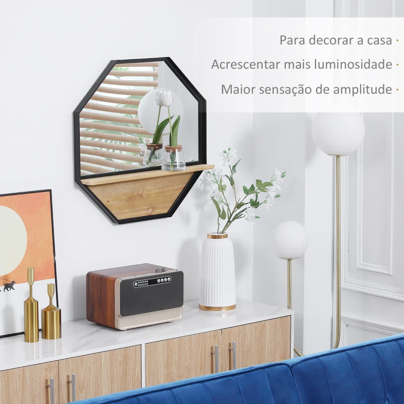 HOMCOM Espelho Decorativo de Parede 61x61cm Espelho Octógono com Prateleira de Armazenamento para Sala de Estar Entrada Preto