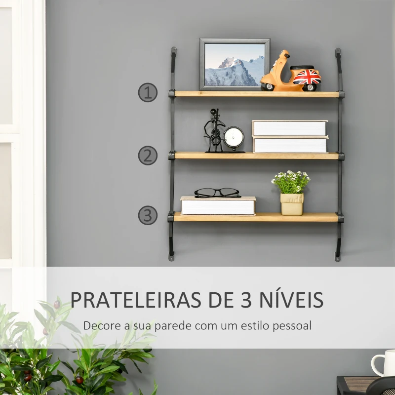 HOMCOM Estante de Parede de 3 Níveis Estante Flutuante de Madeira para Sala de Estar Dormitório Cozinha Sala de Jantar 51x15x63,5cm Madeira