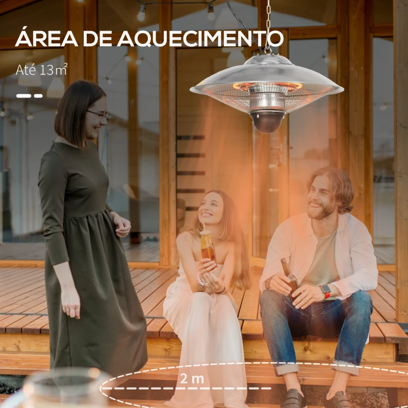 Outsunny Aquecedor de Jardim Elétrico 1010W/1200W Infravermelho com Controlo Remoto 2 Níveis de Calor Proteção IP44 Ø58,5x33cm Prata