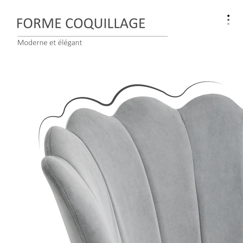 HOMCOM Fauteuil coquillage chaise coiffeuse fauteuil en velours fauteuil de salon avec pieds en métal doré pour salon chambre et salle à manger 67l x 64P x 77H cm gris
