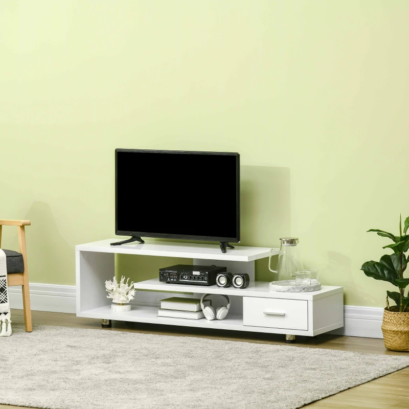 HOMCOM High Gloss TV Unit for TVs up to 45", Modern TV Cabinet with Storage Shelf and Drawer, Entertainment Unit for Living Room Bedroom, White