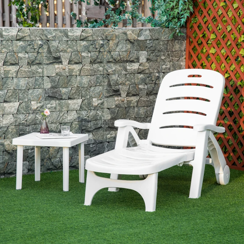 Outsunny Outdoor Folding Sun Lounger Recliner on Wheels w/ 5-Position Backrest, White(m-10)