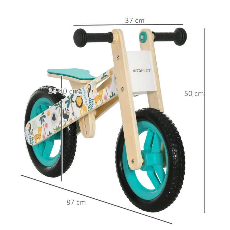 AIYAPLAY Bicicleta sem Pedais de Madeira com Assento Ajustável 34-40cm Bicicleta de Equilíbrio Infantil  87x37x50cm Turquesa