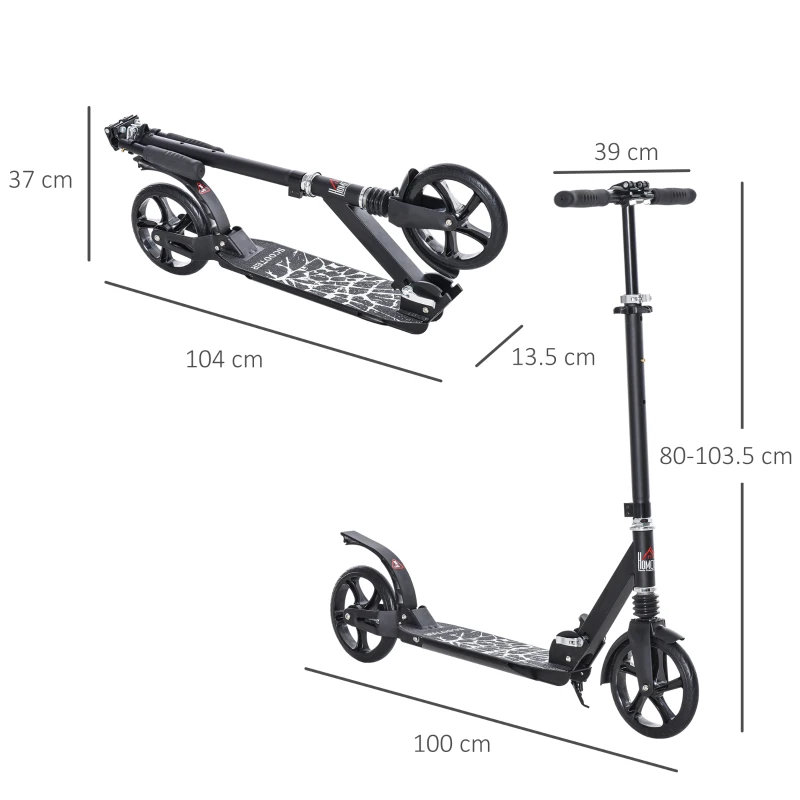 HOMCOM Foldable Kick Scooter w/ Adjustable Handlebar, Rear Brake, 20cm Big Solid Wheels and Shock Absorption System, Lightweight Portable Push Scooter for 14+ Teens Adult Kids
