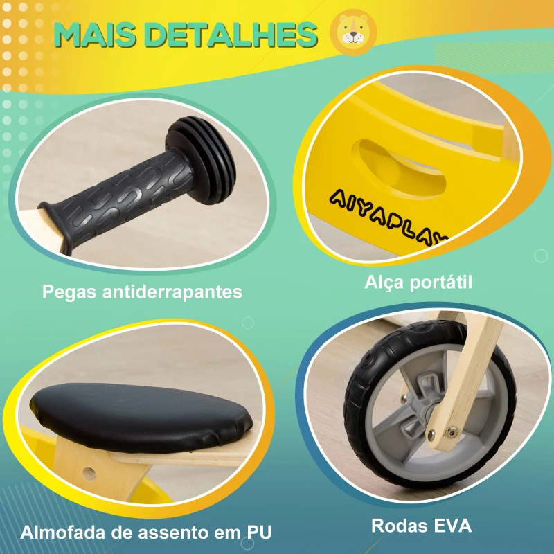 AIYAPLAY Bicicleta sem Pedais de Madeira 2 em 1 Triciclo Infantil com Assento Ajustável de 22-26cm 60x38x38cm Amarelo