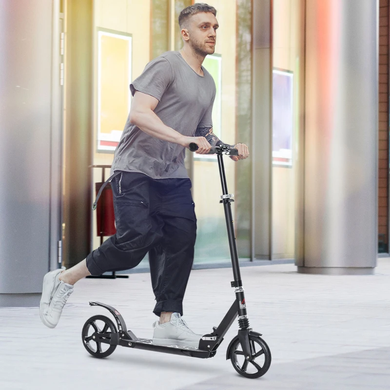 HOMCOM Foldable Kick Scooter w/ Adjustable Handlebar, Rear Brake, 20cm Big Solid Wheels and Shock Absorption System, Lightweight Portable Push Scooter for 14+ Teens Adult Kids