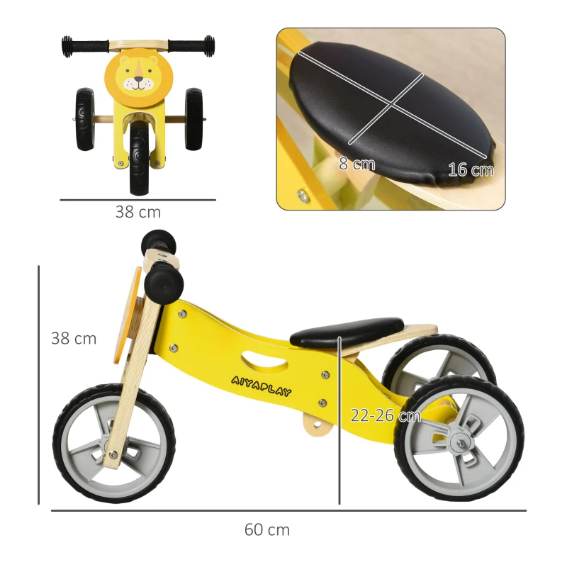 AIYAPLAY Bicicleta sem Pedais de Madeira 2 em 1 Triciclo Infantil com Assento Ajustável de 22-26cm 60x38x38cm Amarelo