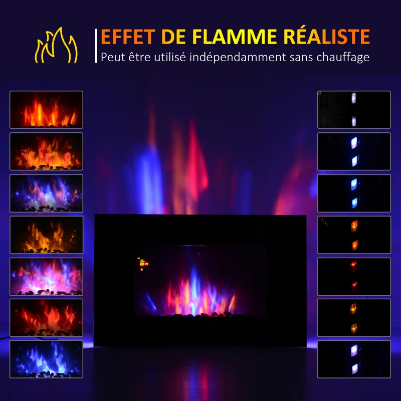 HOMCOM Cheminée électrique Murale LED 7 Effets Flammes + 7 Couleurs Ambiance + Galets télécommande Thermostat 1000-2000 W minuterie Noir