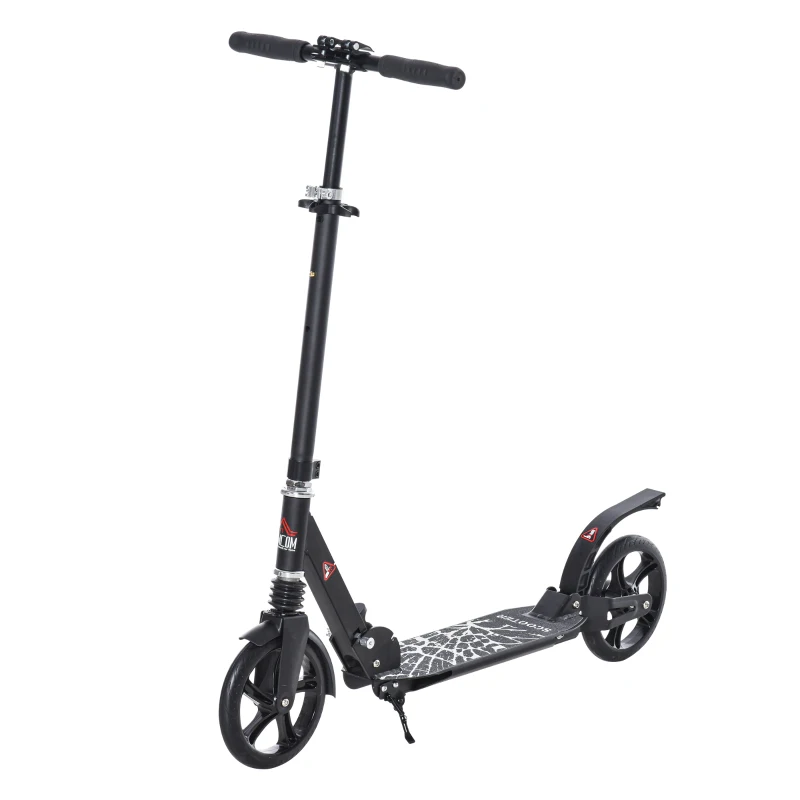 HOMCOM Foldable Kick Scooter w/ Adjustable Handlebar, Rear Brake, 20cm Big Solid Wheels and Shock Absorption System, Lightweight Portable Push Scooter for 14+ Teens Adult Kids