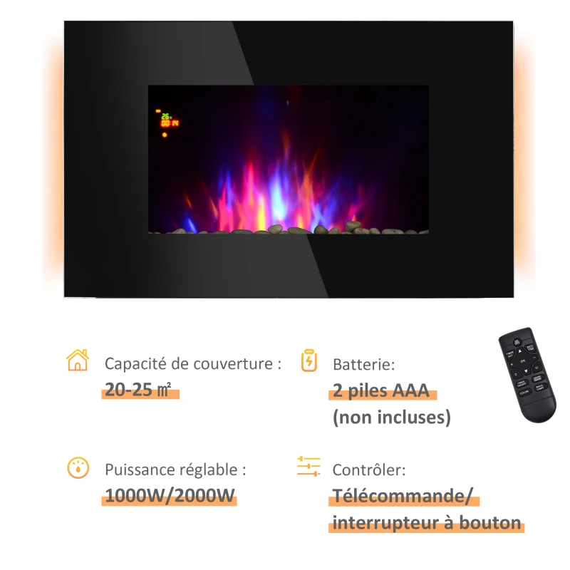 HOMCOM Cheminée électrique Murale LED 7 Effets Flammes + 7 Couleurs Ambiance + Galets télécommande Thermostat 1000-2000 W minuterie Noir