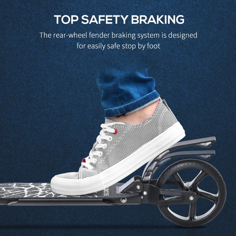 HOMCOM Foldable Kick Scooter w/ Adjustable Handlebar, Rear Brake, 20cm Big Solid Wheels and Shock Absorption System, Lightweight Portable Push Scooter for 14+ Teens Adult Kids