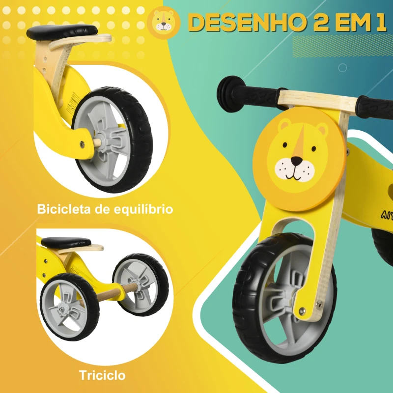 AIYAPLAY Bicicleta sem Pedais de Madeira 2 em 1 Triciclo Infantil com Assento Ajustável de 22-26cm 60x38x38cm Amarelo